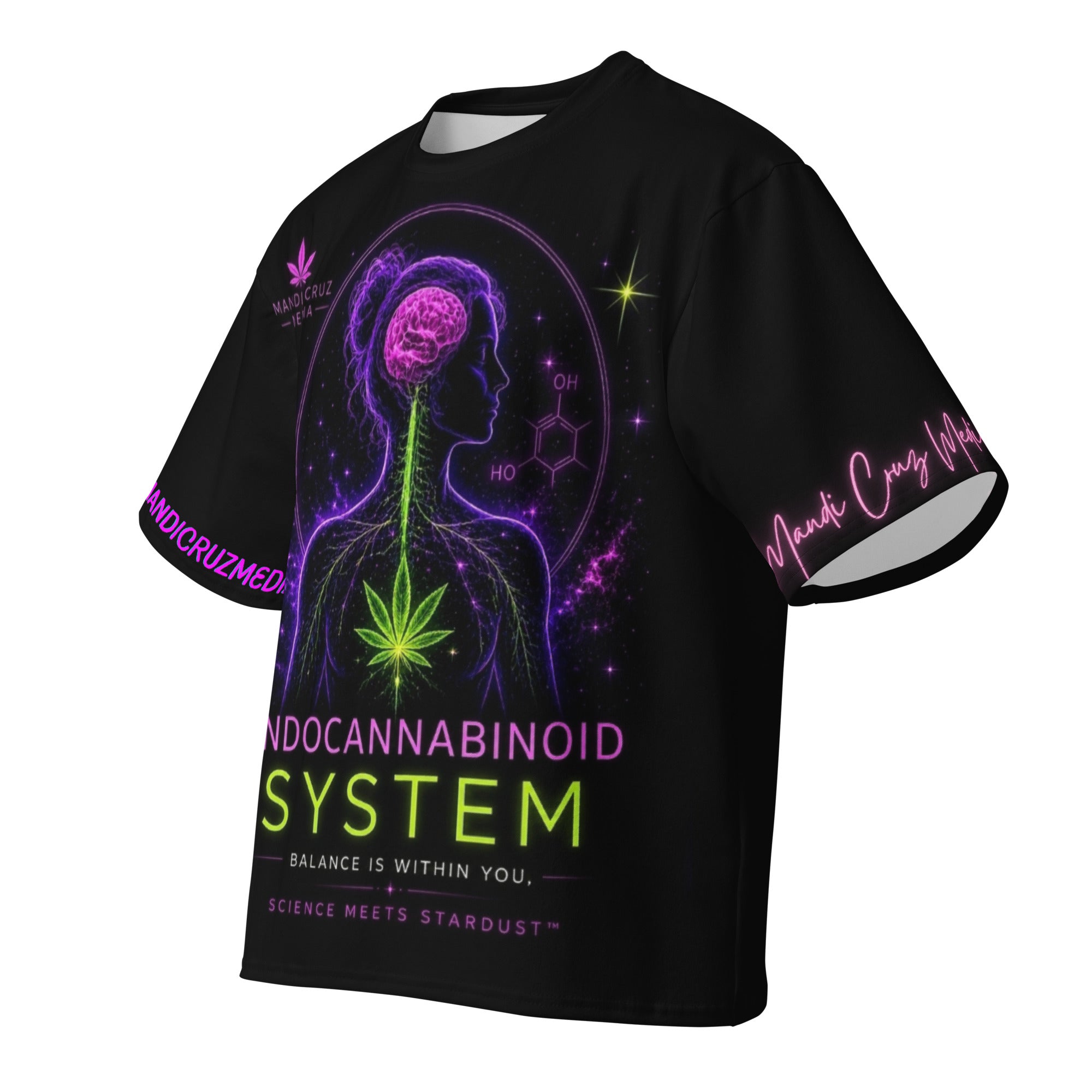 Front product view of the black Mandi Cruz Media oversized tee with neon endocannabinoid system anatomy artwork.