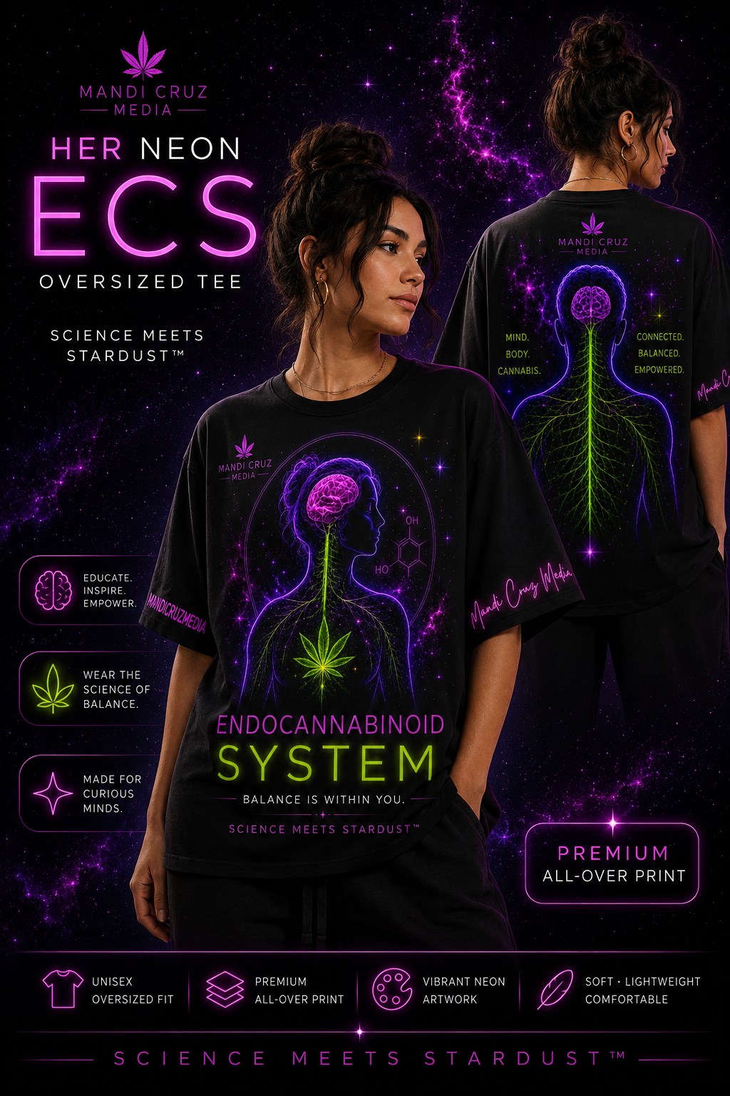 Mandi Cruz Media campaign featuring front and back views of the black Her Endocannabinoid System oversized tee.
