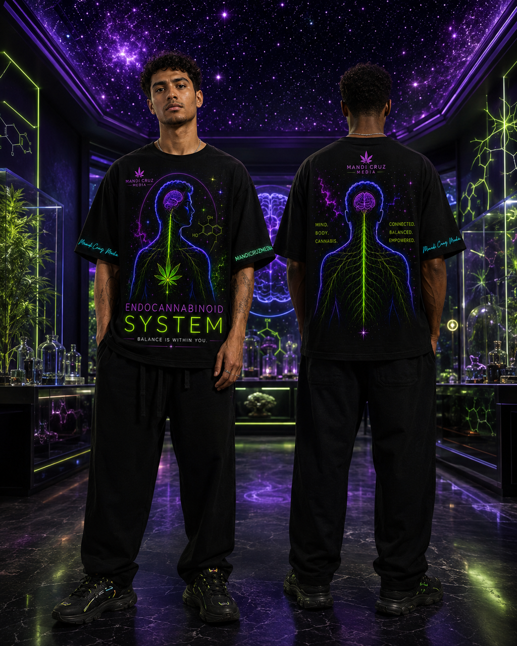 Two men display the front and back artwork of the Endocannabinoid System oversized tee inside a premium galactic science lounge.