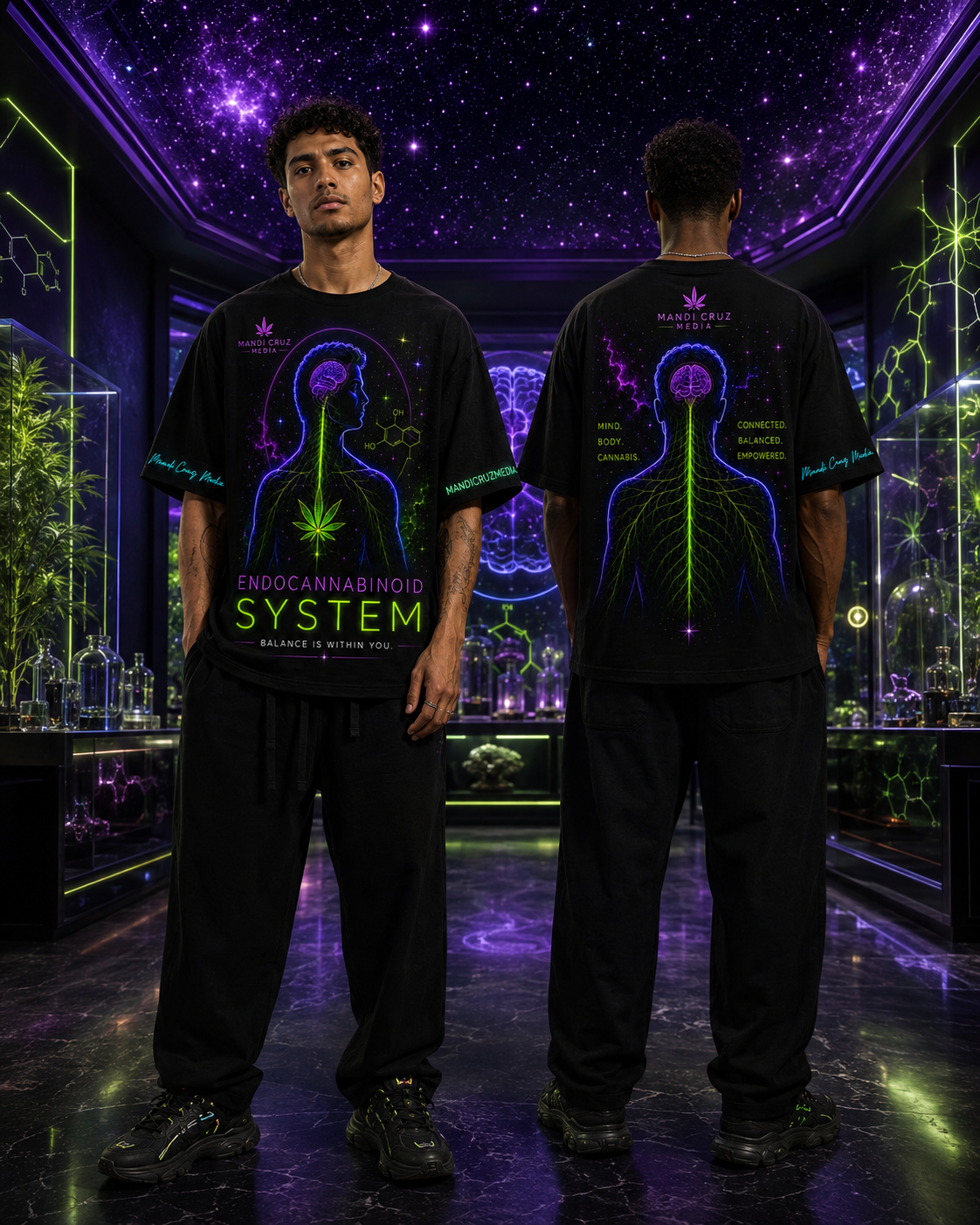 Two men display the front and back artwork of the Endocannabinoid System oversized tee inside a premium galactic science lounge.