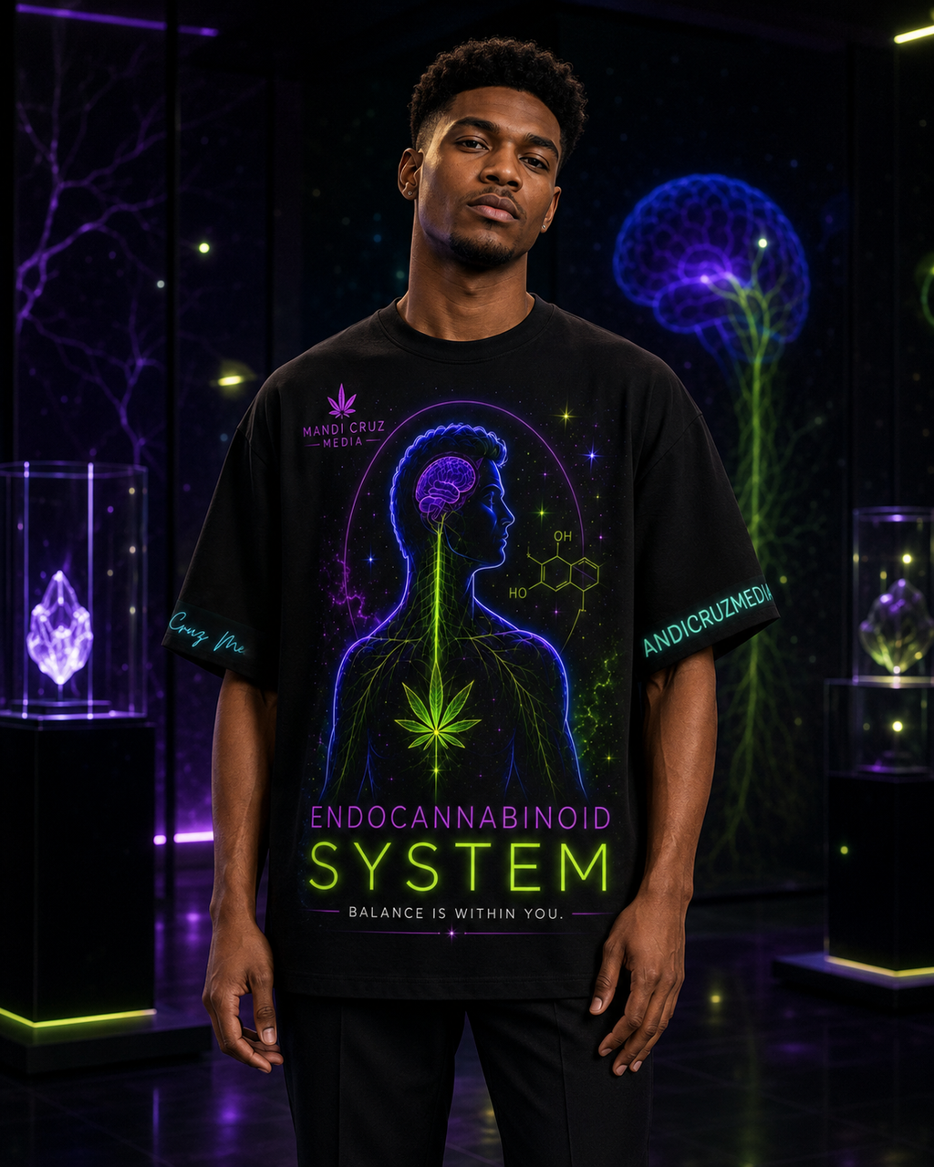 Man wearing the black Endocannabinoid System oversized tee inside a futuristic gallery with violet, cyan and neon-lime lighting.