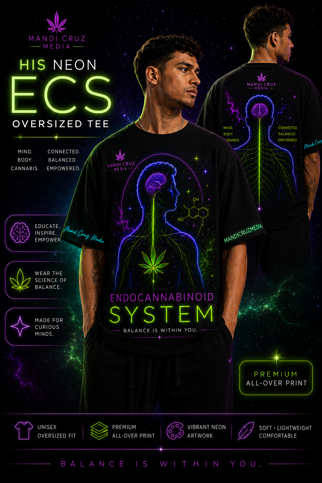 Mandi Cruz Media campaign showing male models displaying the front and back of the black His Neon Endocannabinoid System oversized tee with vibrant anatomical artwork