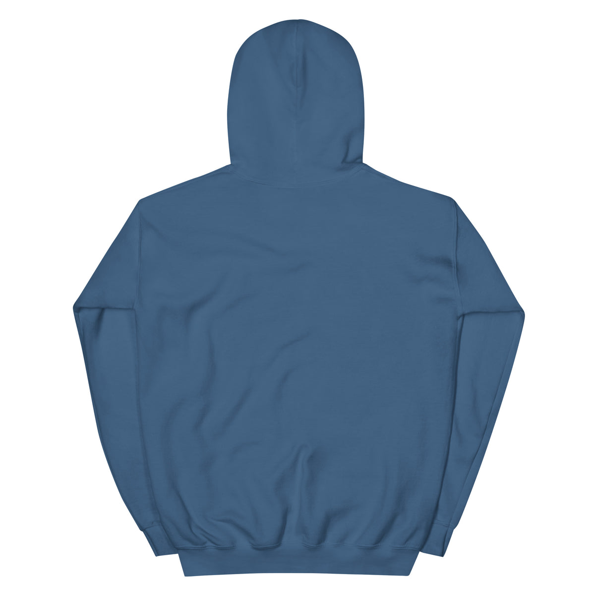 Back product view of the indigo blue Butterfly Lungs hoodie showing the plain back, hood, long sleeves and ribbed hem.