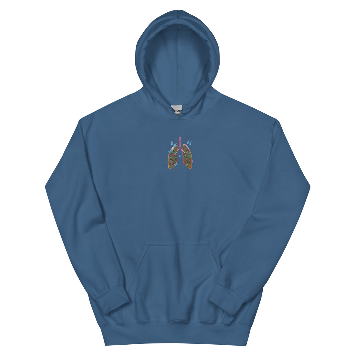 Front product view of the indigo blue unisex hoodie with a colorful anatomical lungs-and-butterflies chest graphic and kangaroo pocket.