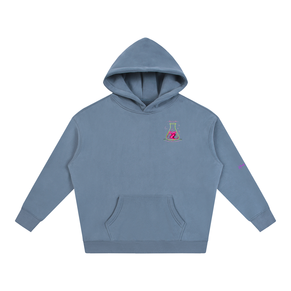 Front product view of jeans blue Science Meets Stardust oversized hoodie with drop shoulders, kangaroo pocket and small chest design.
