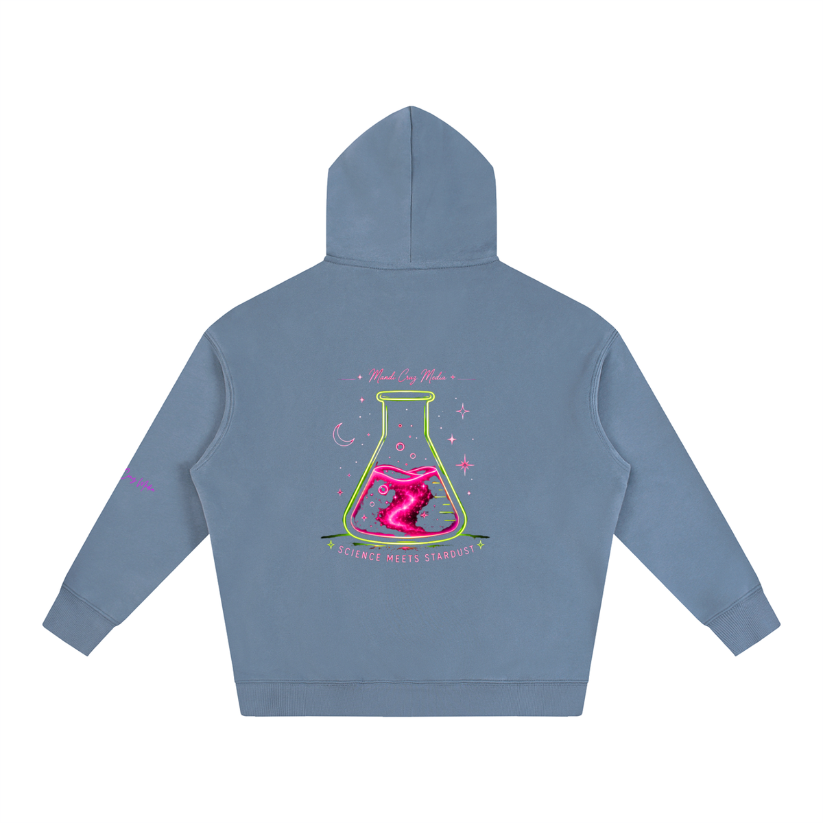 Back product view of jeans blue oversized fleece hoodie featuring colorful Mandi Cruz Media Science Meets Stardust flask artwork.