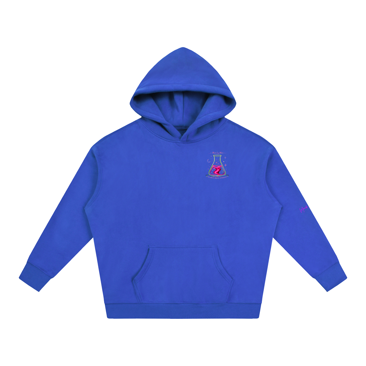 Front view of Klein blue Science Meets Stardust oversized fleece hoodie with drop shoulders, kangaroo pocket and small Mandi Cruz Media chest artwork.