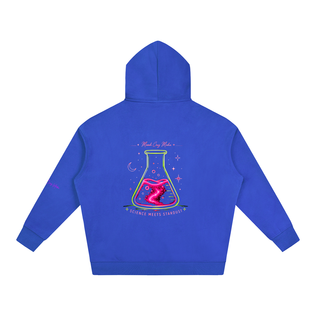 Back view of Klein blue oversized fleece hoodie featuring colorful Mandi Cruz Media laboratory flask and Science Meets Stardust artwork.