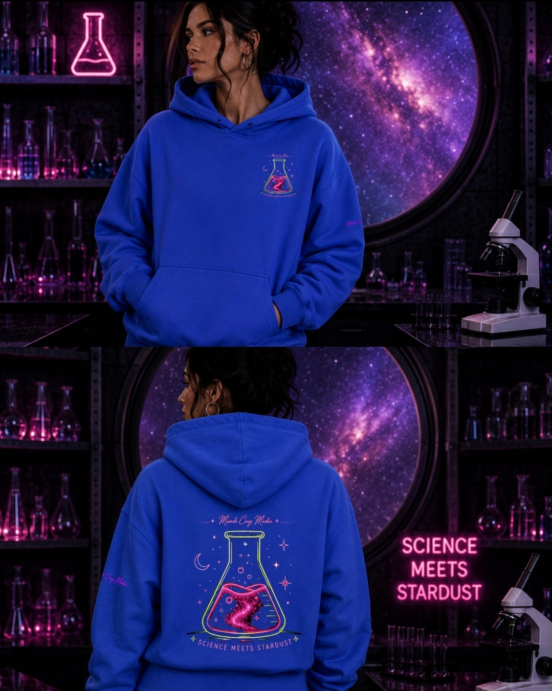 Klein blue oversized fleece hoodie modeled from the front and back, highlighting the chest graphic and colorful Science Meets Stardust back artwork.