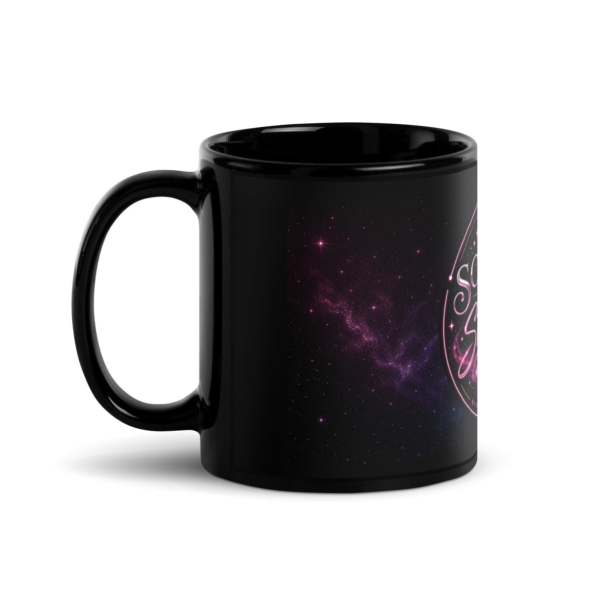 Left-side view of the Large Nebula ceramic coffee mug showing its wraparound cosmic galaxy design and curved handle.