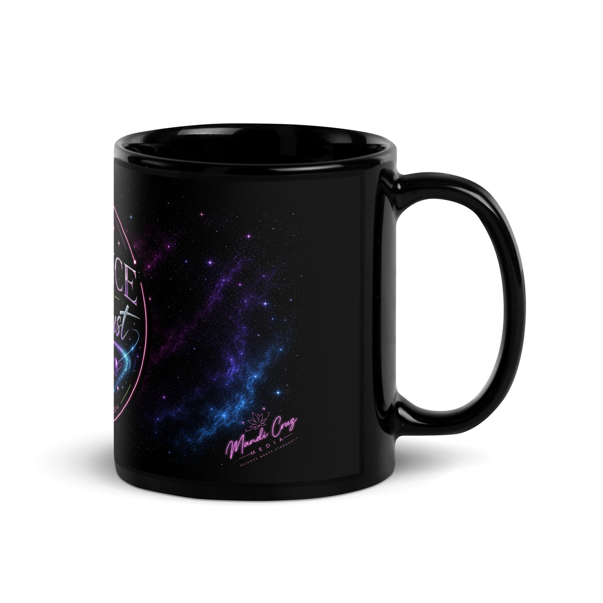 Right-side view of the Large Nebula ceramic mug displaying the wraparound nebula artwork and glossy finish by Mandi Cruz Media.