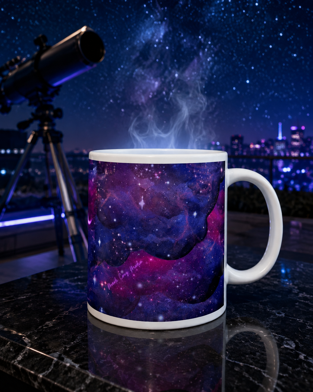 Steaming Large Nebula Mug on a black marble observatory table with a telescope, star-filled sky and violet city lights in the background.