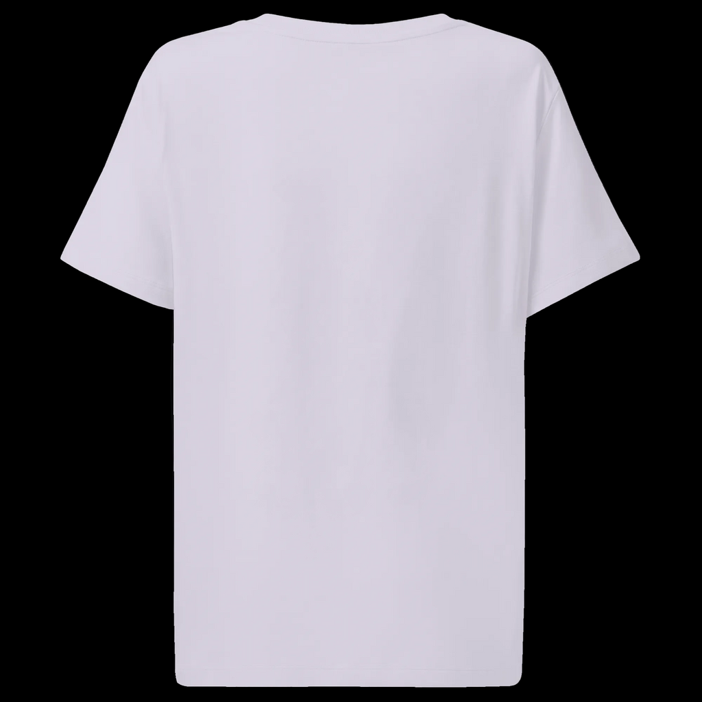 Back view of the lavender Outer Space women’s organic tee showing its plain rear, short sleeves, and crew neck.
