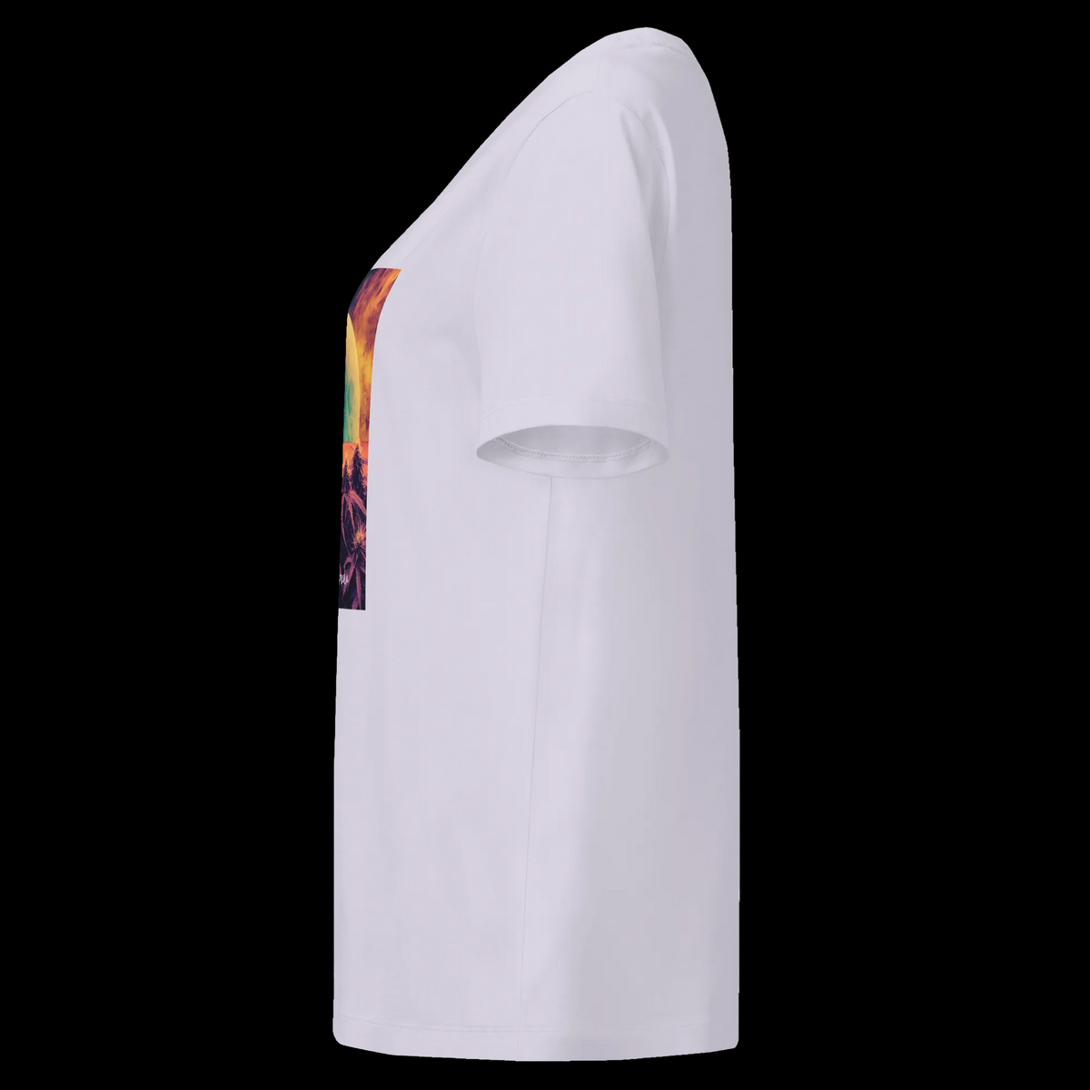 lavender Outer Space women’s organic tee showing its fit and the edge of the front