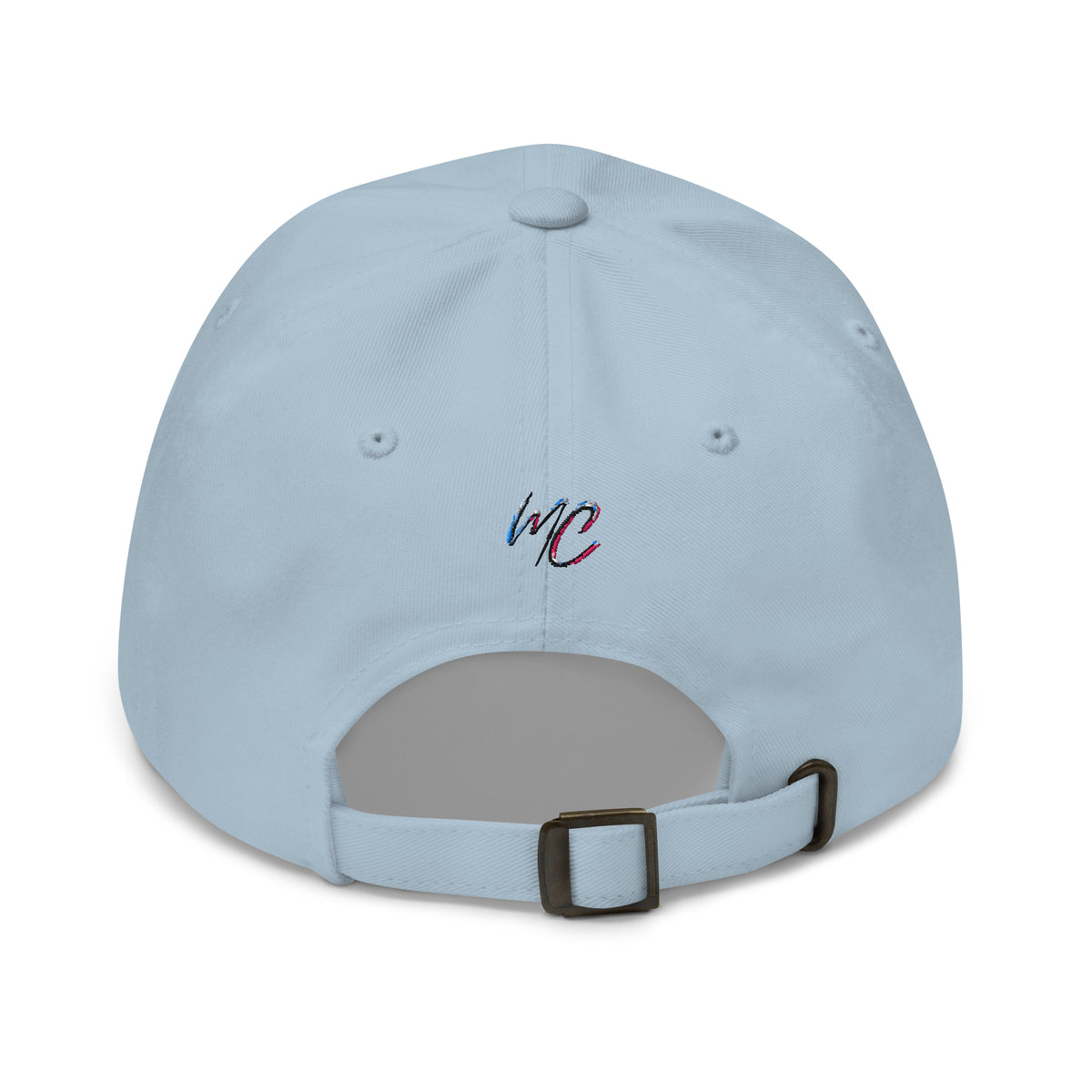 Back view of the light blue dad hat with small MCM embroidery and an adjustable buckle closure.