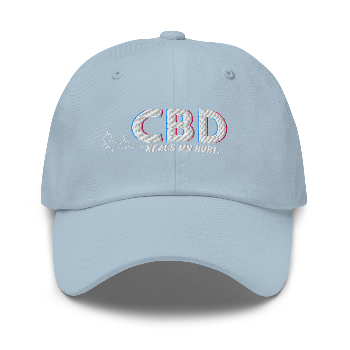 Straight-on front view of the light blue CBD Heals My Hurt dad hat with pastel multicolor embroidery.