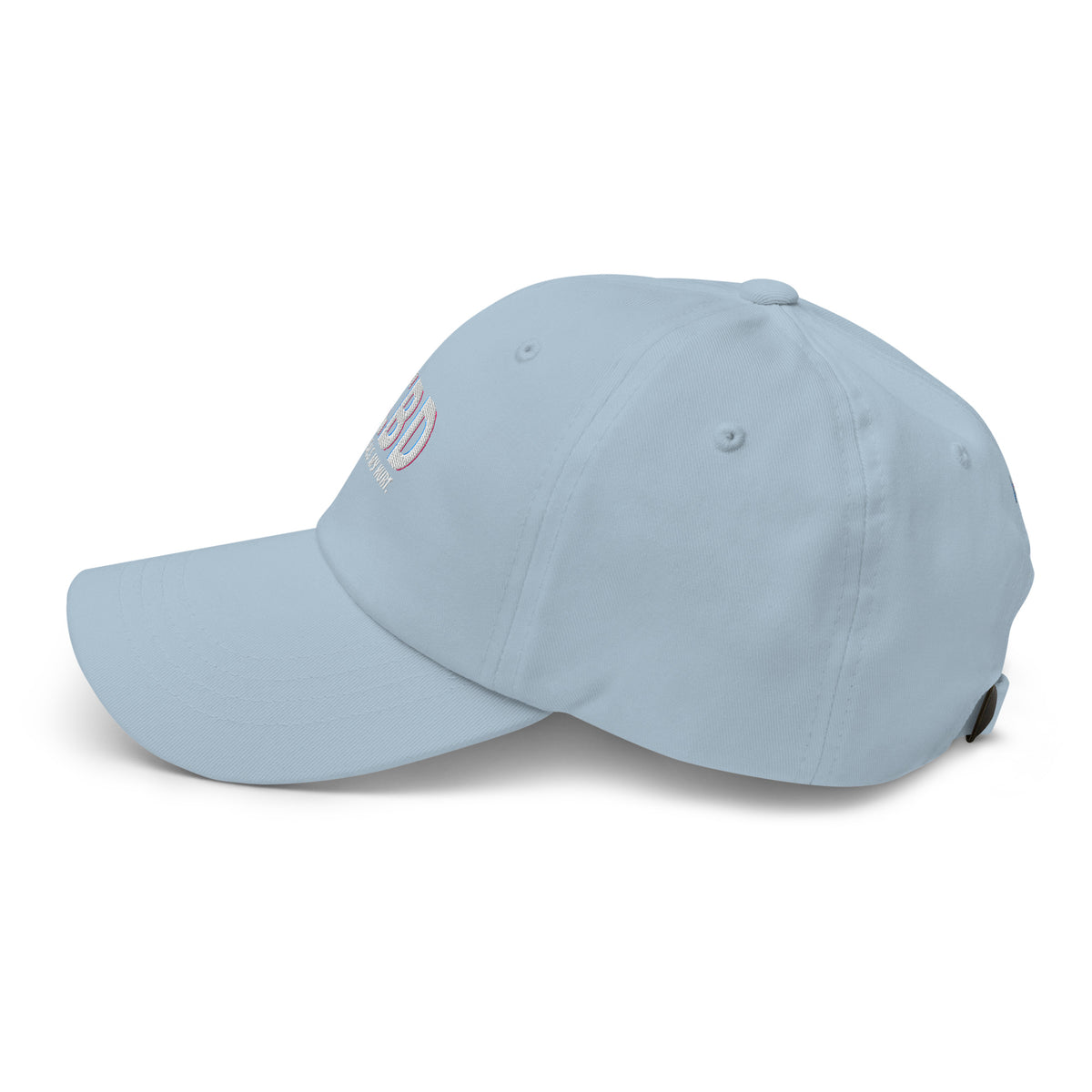 Left-facing side profile of the light blue CBD Heals My Hurt dad hat with a matching adjustable strap.