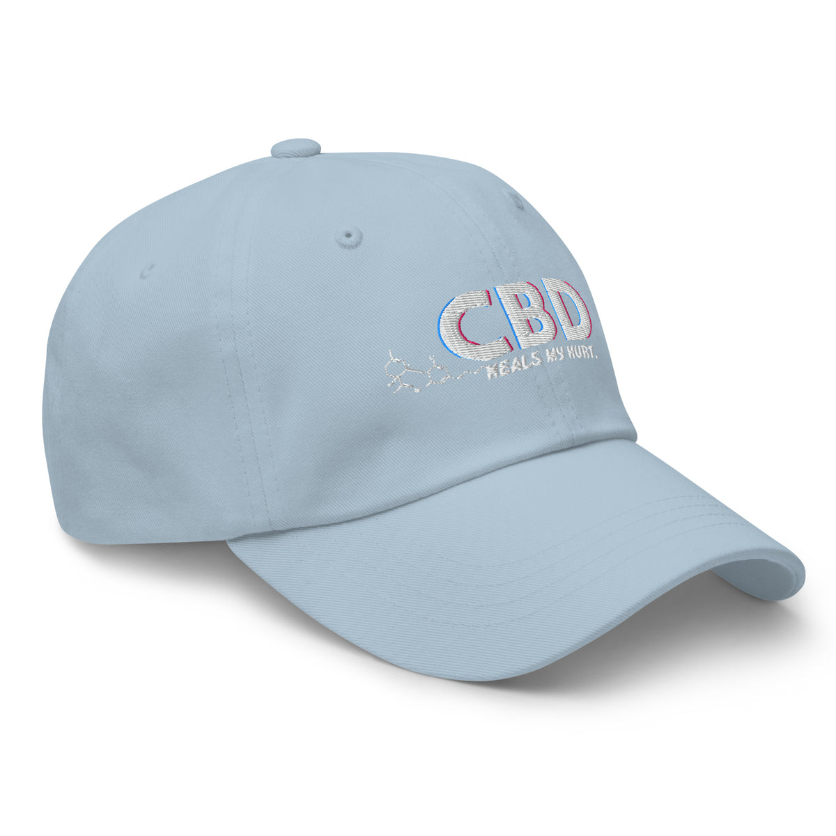 Three-quarter front view of the light blue CBD Heals My Hurt dad hat with multicolor embroidery.