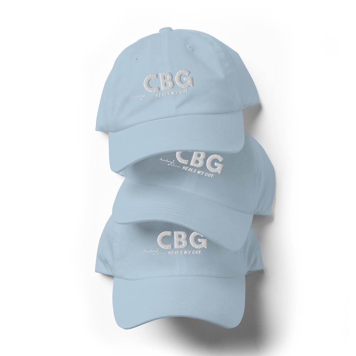 Front view of the light blue CBG Heals My Gut dad hat featuring embroidered lettering, a curved brim and a low-profile crown.