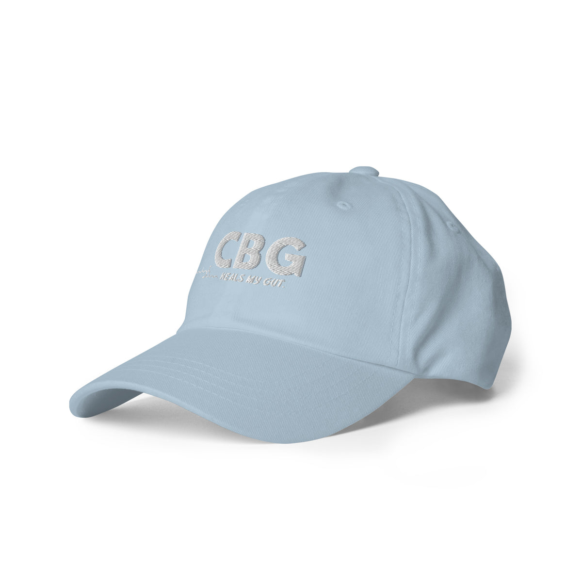 Left-front view of the light blue CBG Heals My Gut dad hat highlighting the embroidered message and classic dad-hat fit.