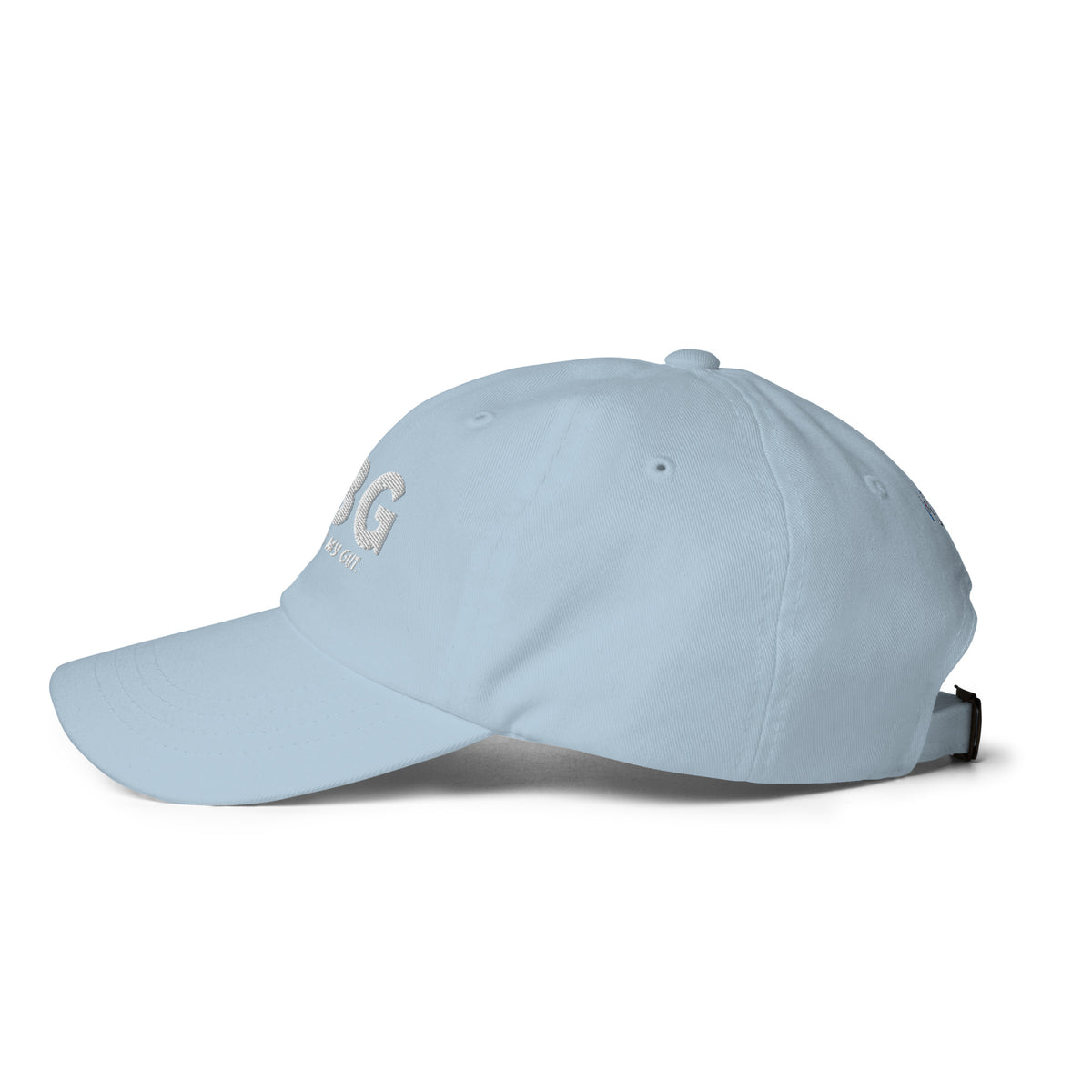 Left-side view of the light blue CBG Heals My Gut dad hat showing its curved brim, embroidered eyelets and low-profile crown.