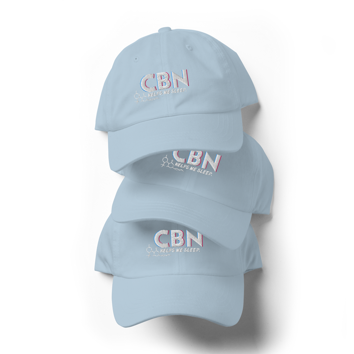 Front product view of the light blue CBN Helps Me Sleep dad hat with embroidered Mandi Cruz Media artwork.