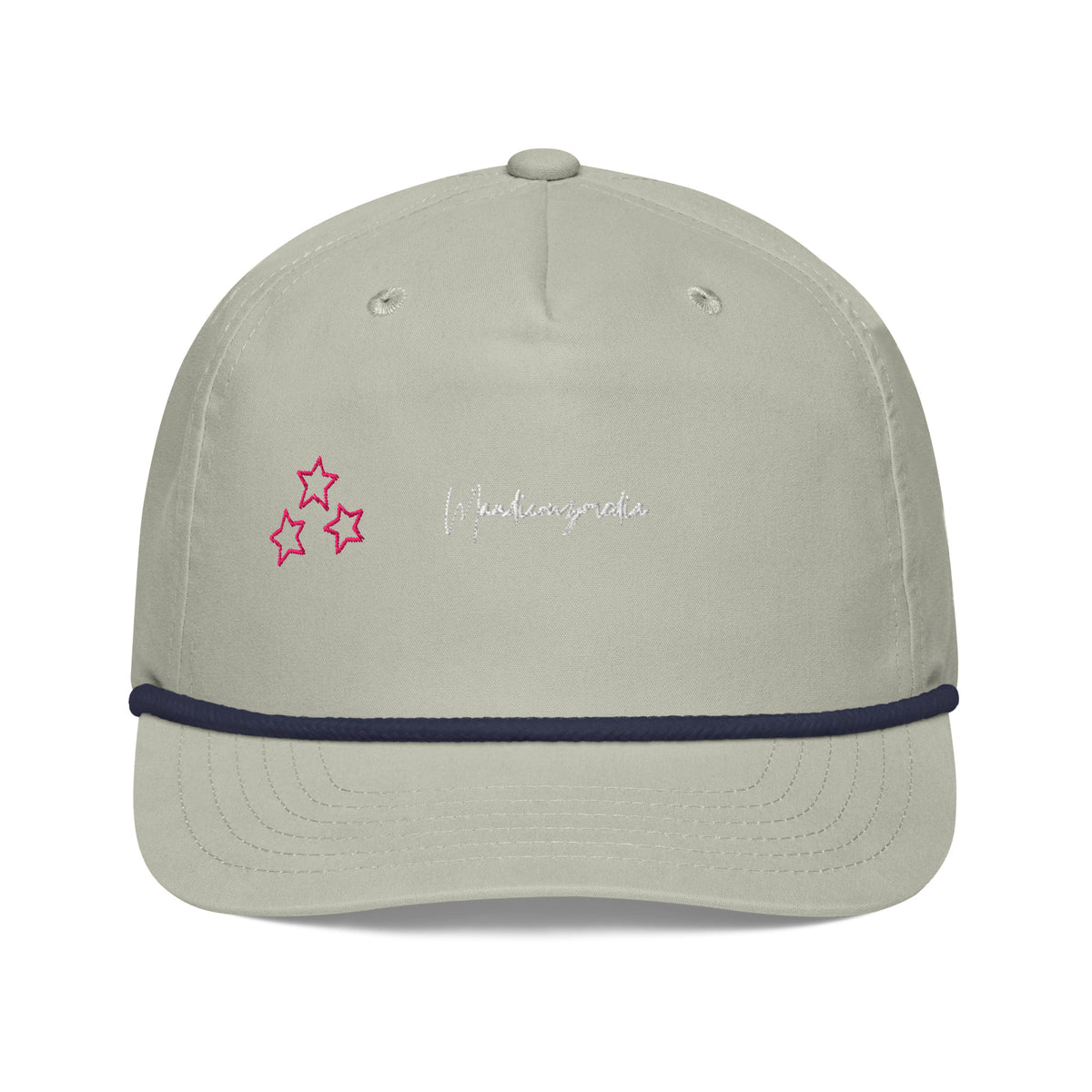 Front view of the light gray golf rope cap with navy rope trim, pink-and-blue stars and white Mandi Cruz Media script embroidery.