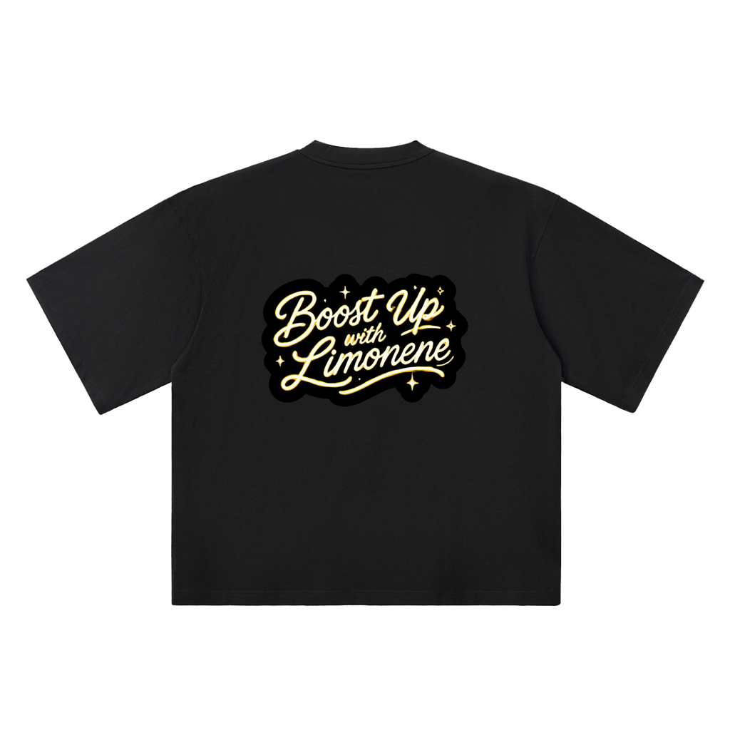 A Back product view of the black oversized tee featuring the gold and cream Boost Up with Limonene script graphic.