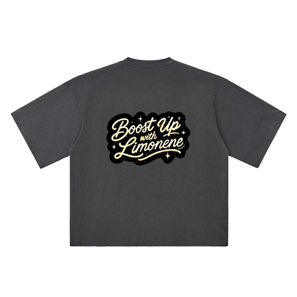 Back product view of the dark-gray oversized tee featuring the gold and cream Boost Up with Limonene script design.