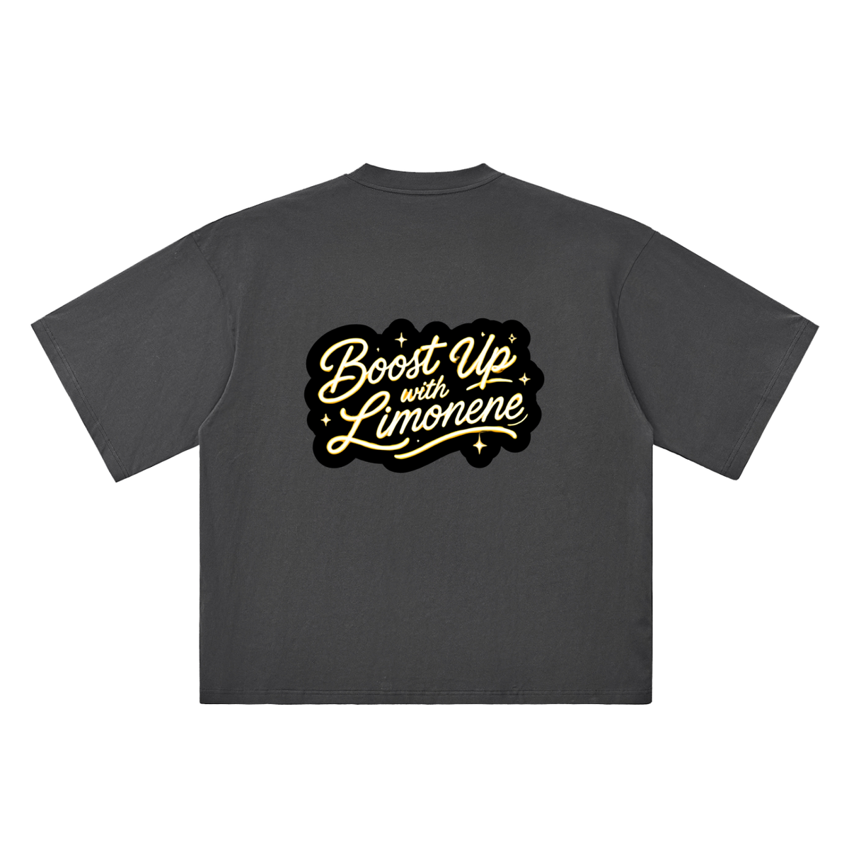 Back product view of the dark-gray oversized tee featuring the gold and cream Boost Up with Limonene script design.
