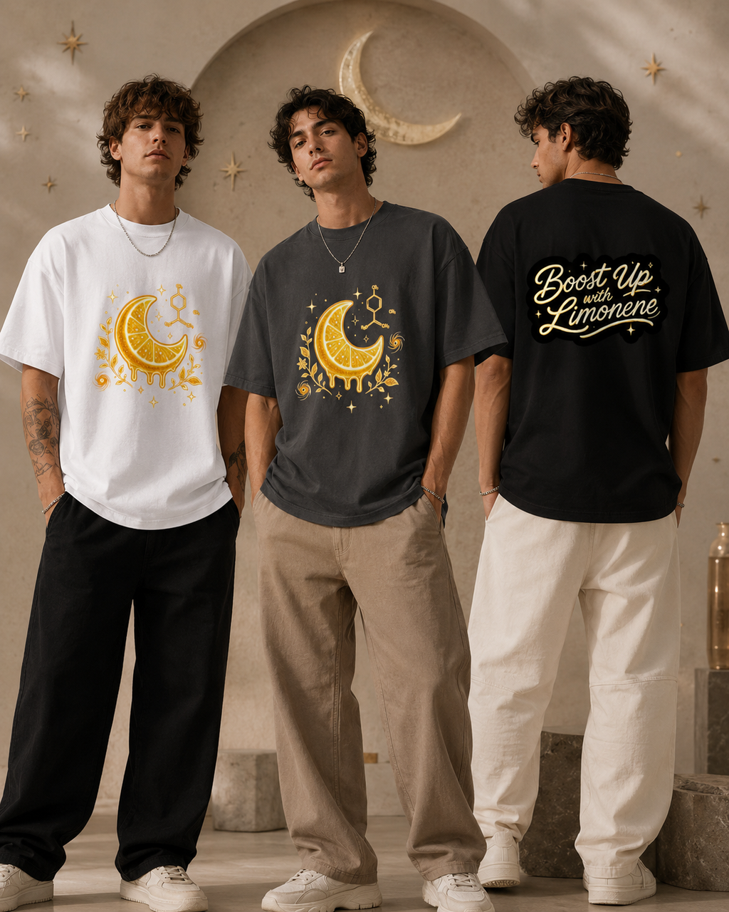 Three men modeling graphic t-shirts in a warm, rustic interior setting. The shirts feature celestial designs: a white t-shirt with a yellow crescent moon and stars, a dark gray t-shirt with a yellow crescent moon and occult symbols, and a black t-shirt with 'Boost Up Your Lemonene' in white script.