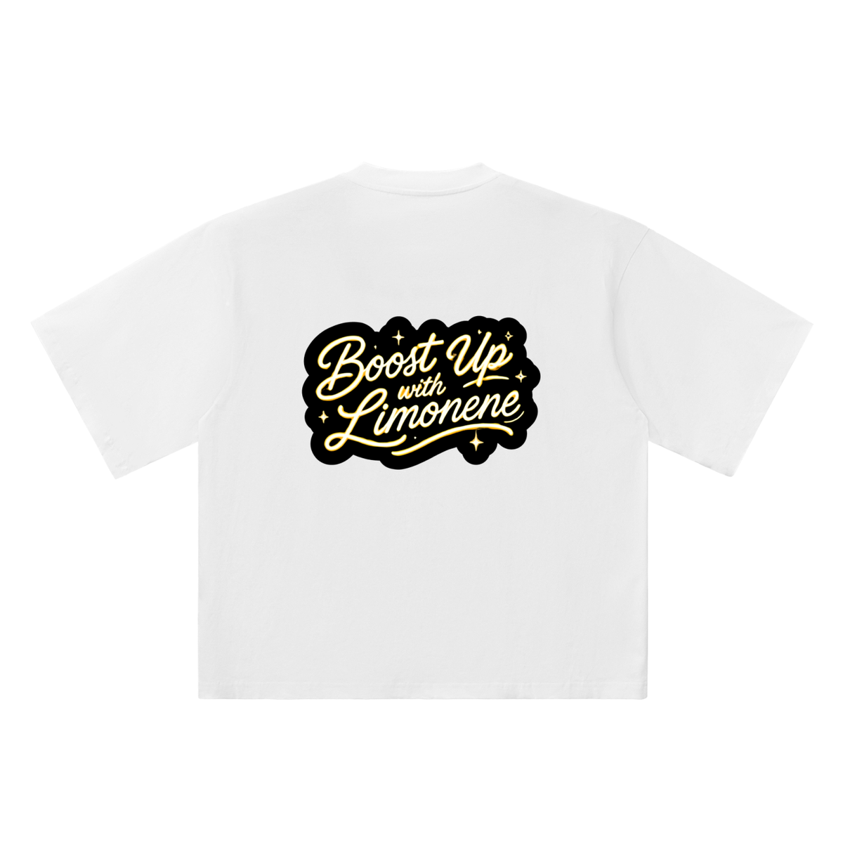 Back product view of the white oversized tee featuring the gold-and-black Boost Up with Limonene script graphic
