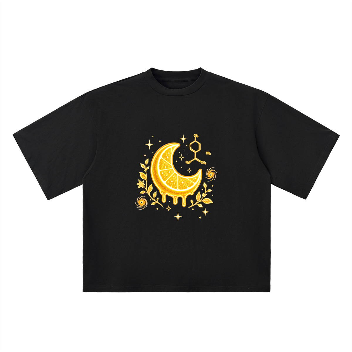 A black short-sleeve crewneck t-shirt featuring a golden-yellow graphic on the chest of a dripping moon slice decorated with stars, a honeycomb structure, and floral elements.Front product view of the black oversized tee featuring a glowing citrus crescent moon, botanicals, stars and limonene molecule.