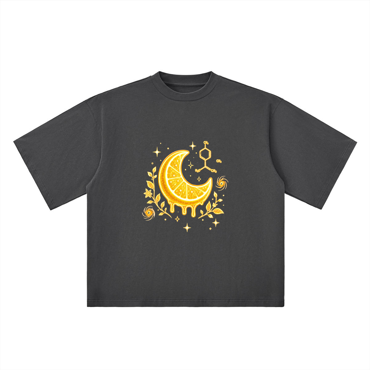 Front product view of the dark-gray oversized tee featuring gold citrus moon, botanical, celestial and limonene molecular artwork.