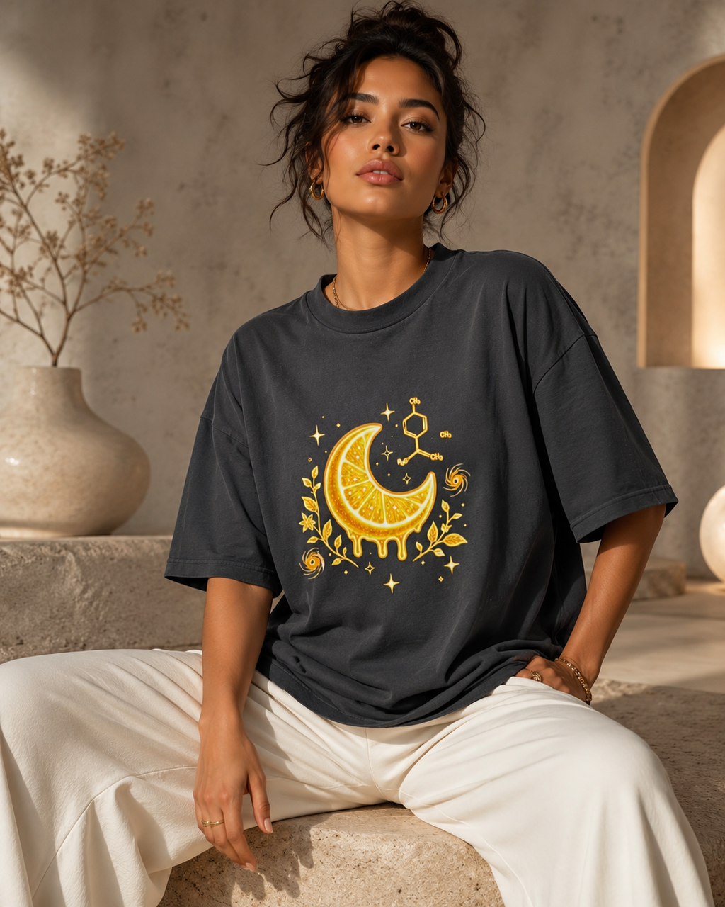 Seated woman modeling the dark-gray Limonene Citrus Moon oversized tee with gold molecular, botanical and celestial details.
