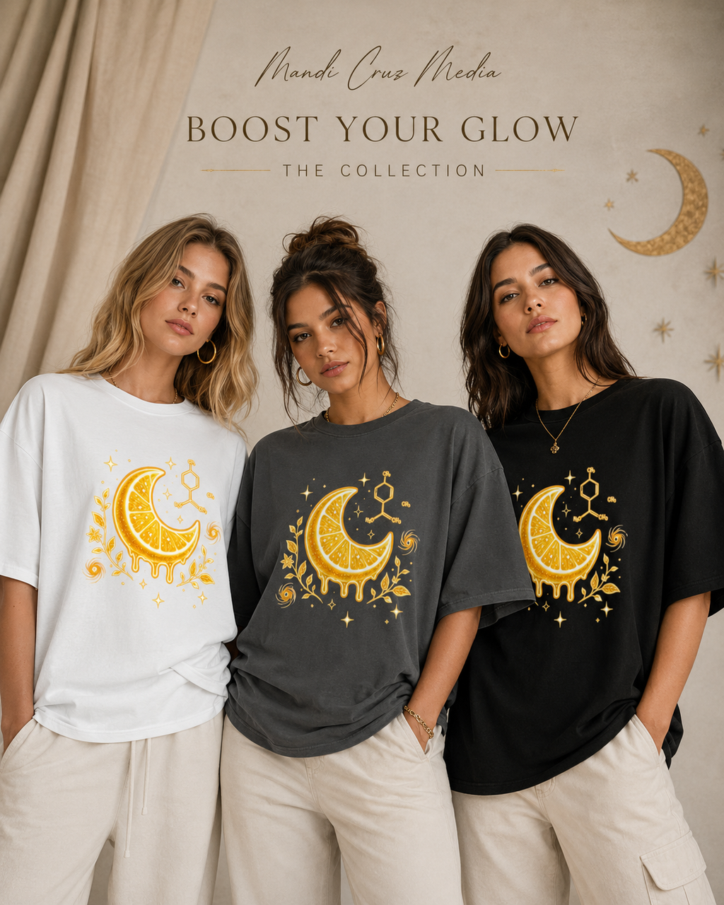 Three women modeling the Limonene Citrus Moon oversized tee in white, dark gray and black against a warm celestial backdrop.