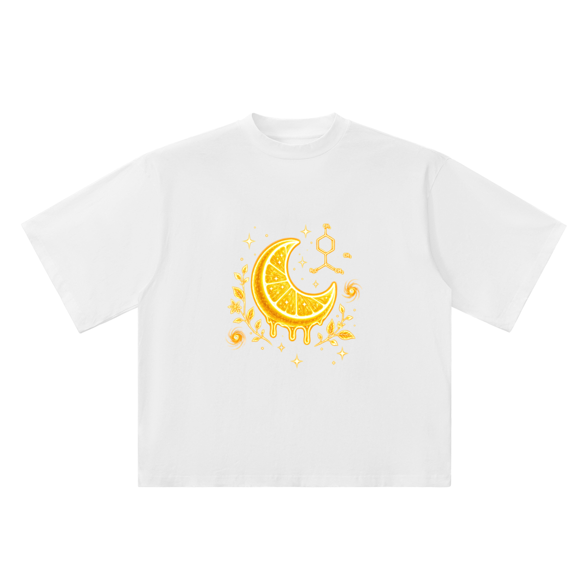 Front product view of the white oversized tee featuring a glowing gold citrus moon, botanical details and limonene molecule.