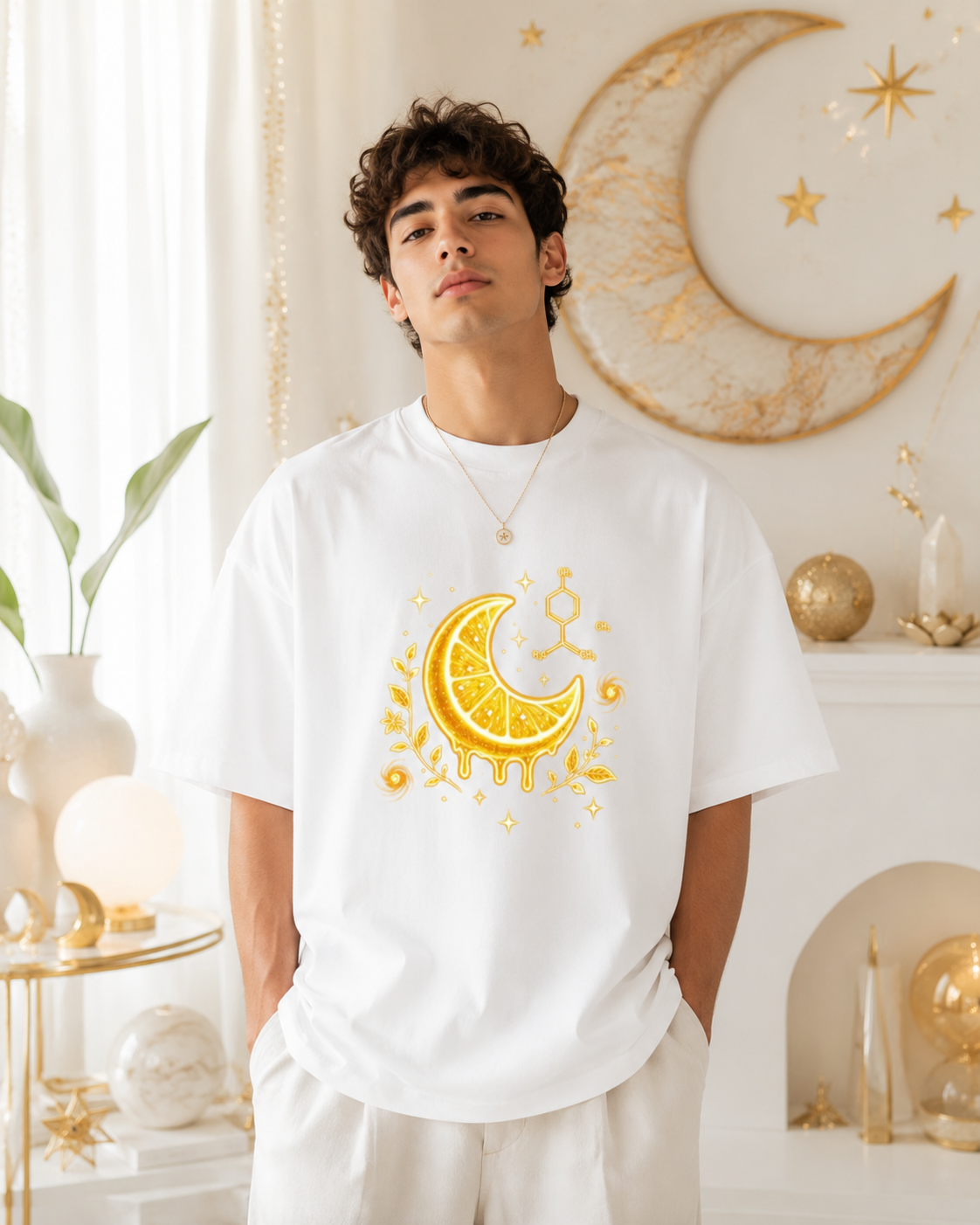 A man wearing a white crewneck t-shirt with a yellow citrus moon graphic on the front, standing in a warm, decorated room with gold celestial wall art.