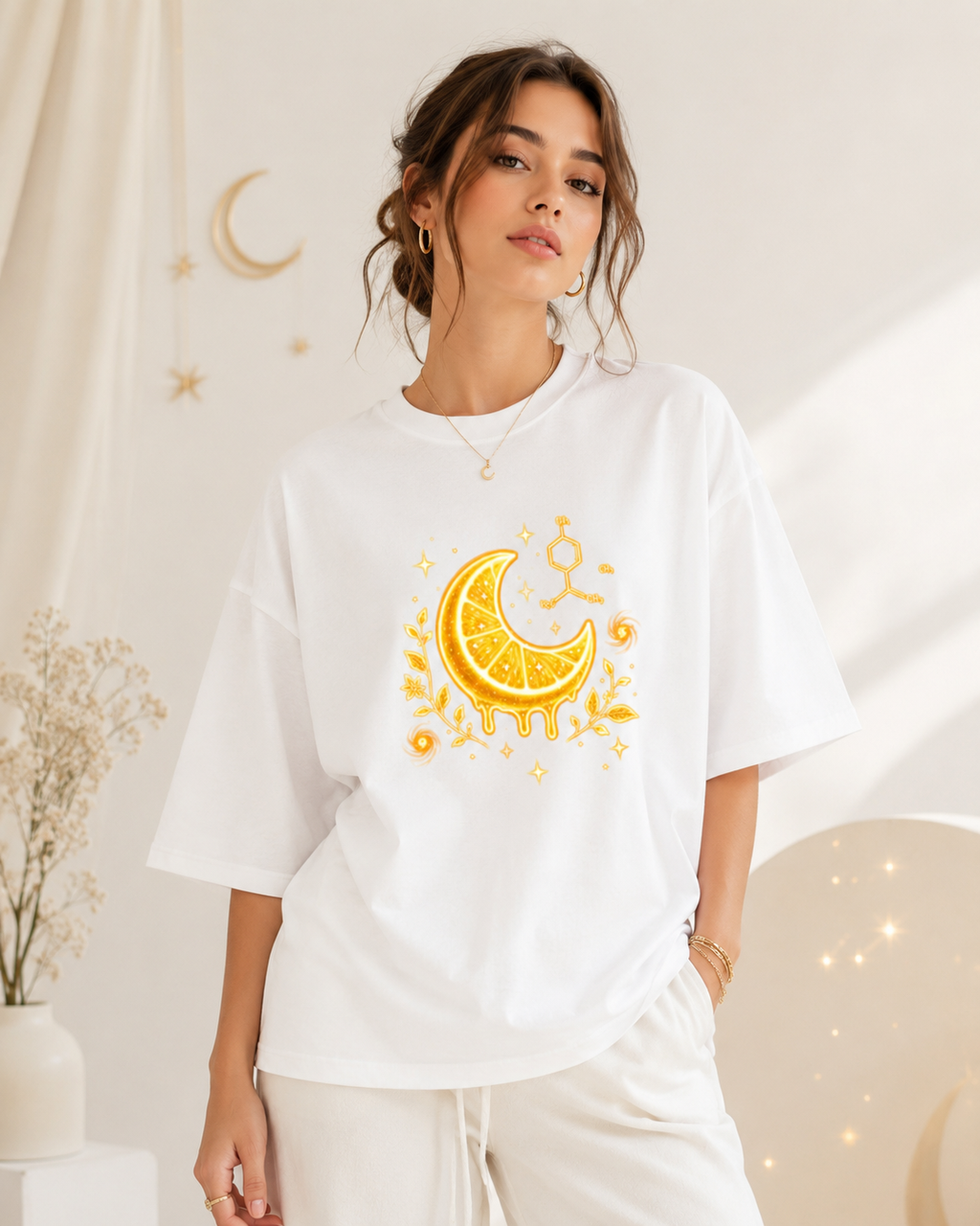 Woman modeling the white Limonene Citrus Moon oversized tee with glowing gold artwork in a bright celestial setting.