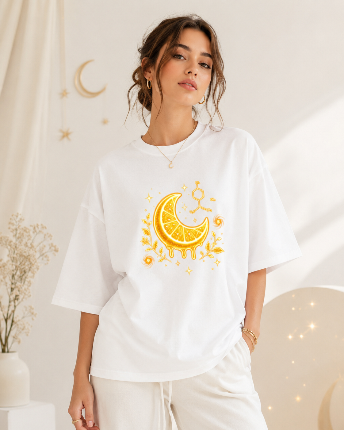 Woman modeling the white Limonene Citrus Moon oversized tee with glowing gold artwork in a bright celestial setting.