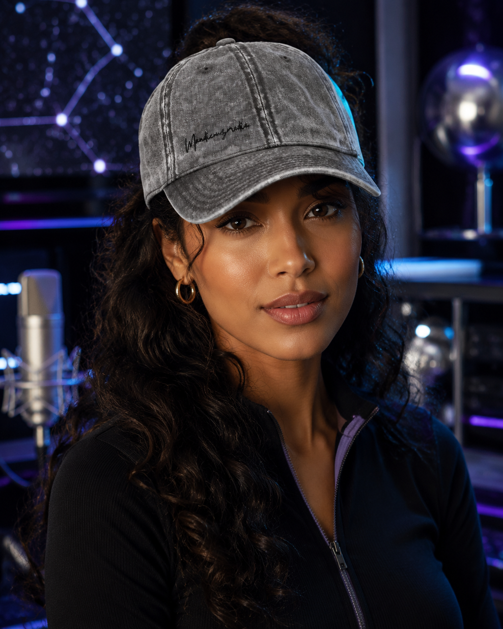 Woman wearing a charcoal-gray vintage-wash Mandi Cruz Media embroidered cap in a purple and blue celestial podcast studio.