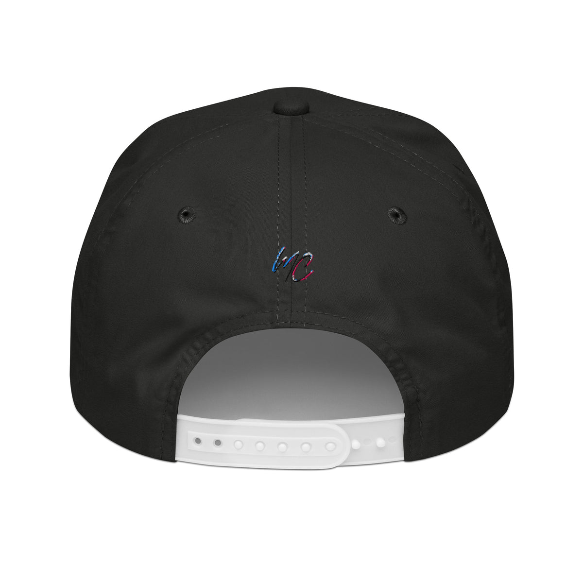 Back view of the black golf rope cap with an embroidered MC monogram and adjustable white snapback closure.