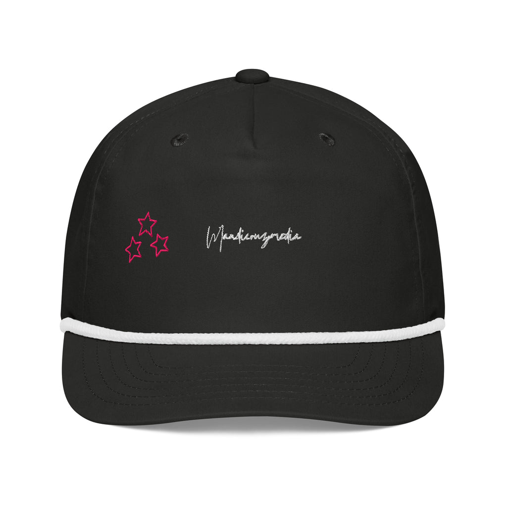 Front product view of the black golf rope cap with white rope trim, pink embroidered stars and white Mandi Cruz Media script.