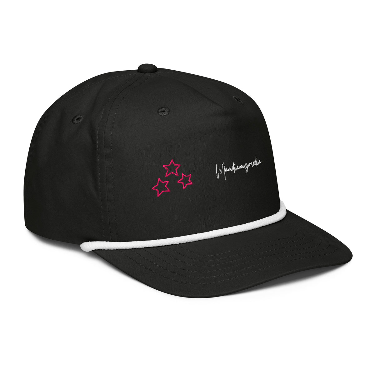 Right-front angle of the black golf rope cap showing white rope trim, embroidered stars and Mandi Cruz Media script