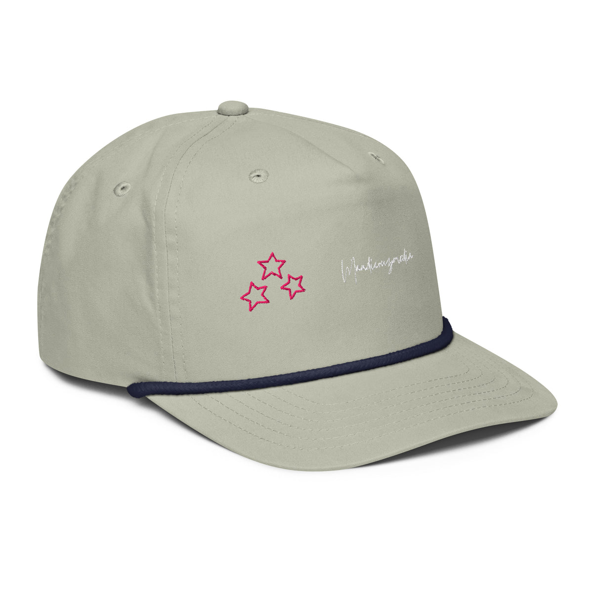 Front product view of the light-gray golf rope cap with navy rope trim, embroidered stars and Mandi Cruz Media script.