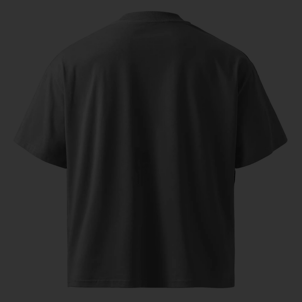 Back product mockup of the black CBN Helps Me Sleep oversized organic high-neck tee.