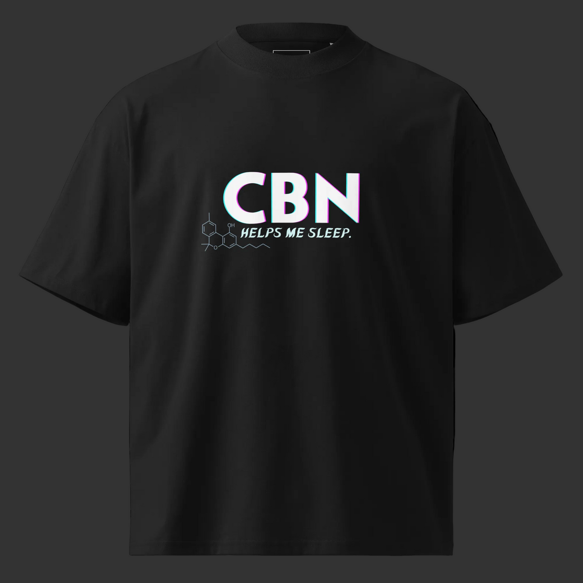 Front product mockup of the black CBN Helps Me Sleep oversized organic high-neck tee with a CBN molecular graphic