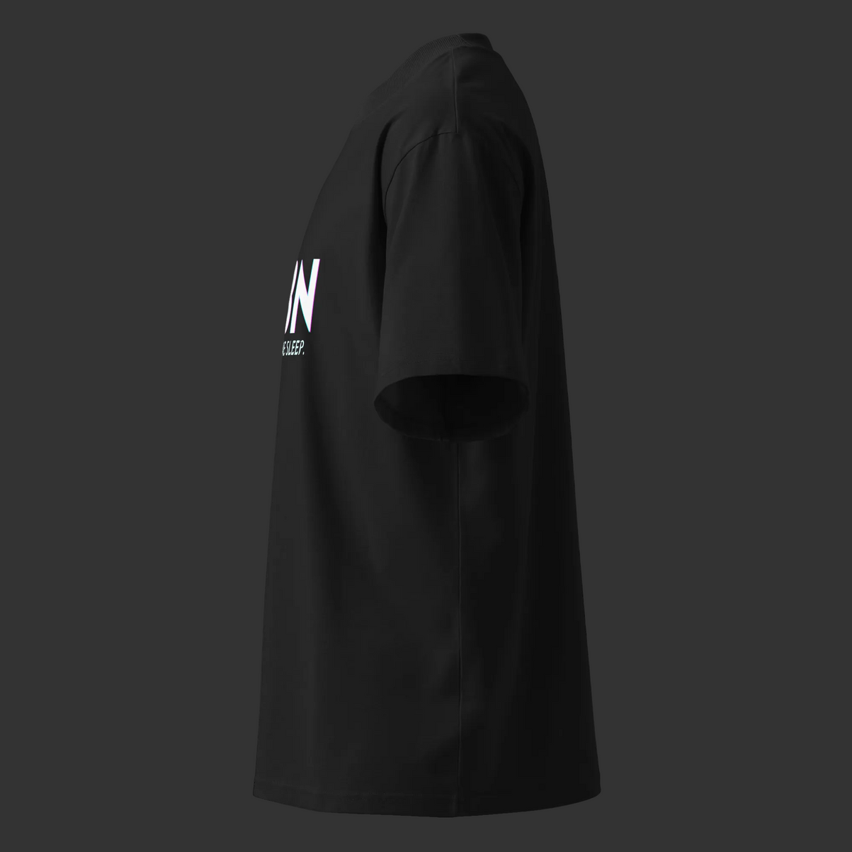 Left-side product view of the black CBN Helps Me Sleep oversized organic high-neck tee.