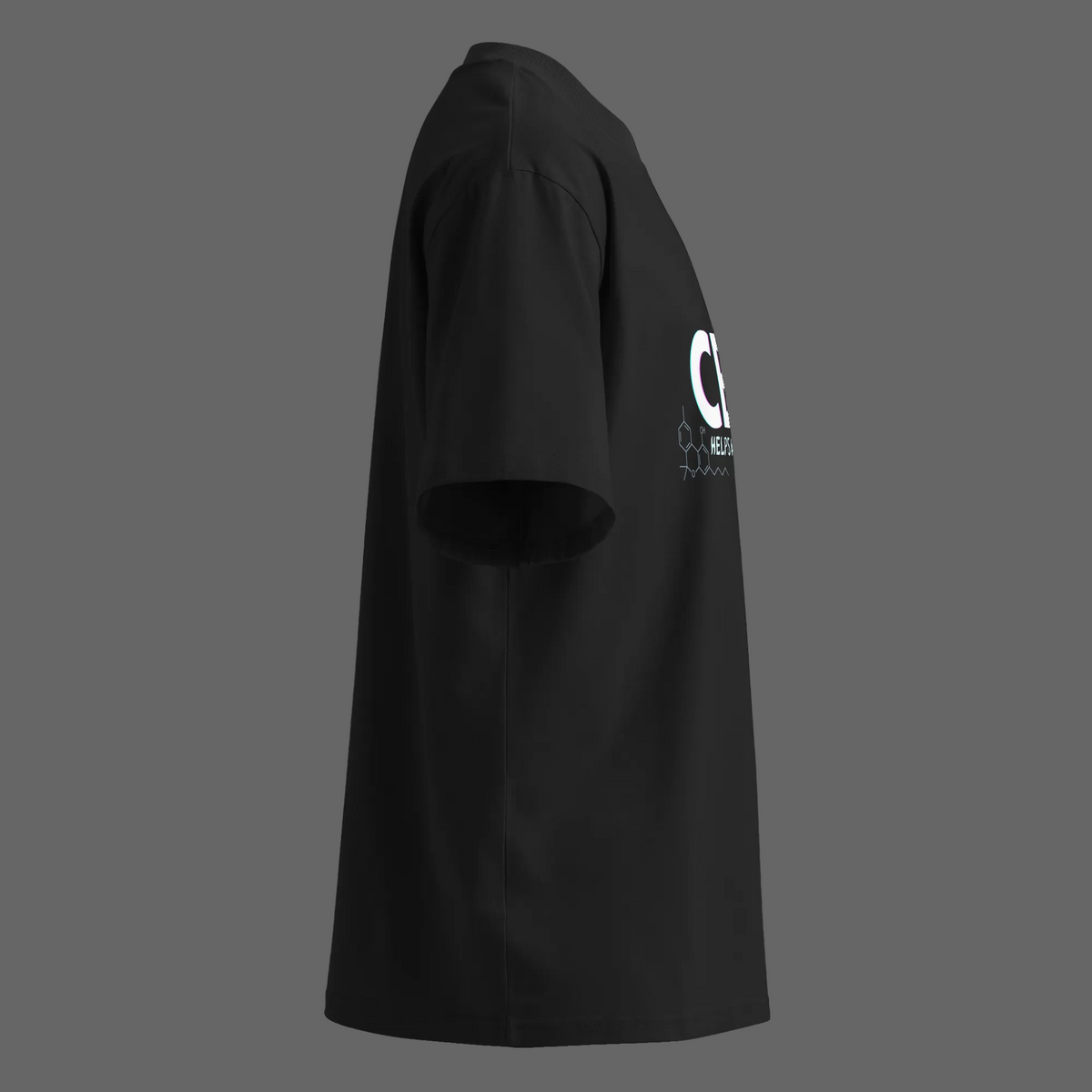 Right-side product view of the black CBN Helps Me Sleep oversized organic high-neck tee.