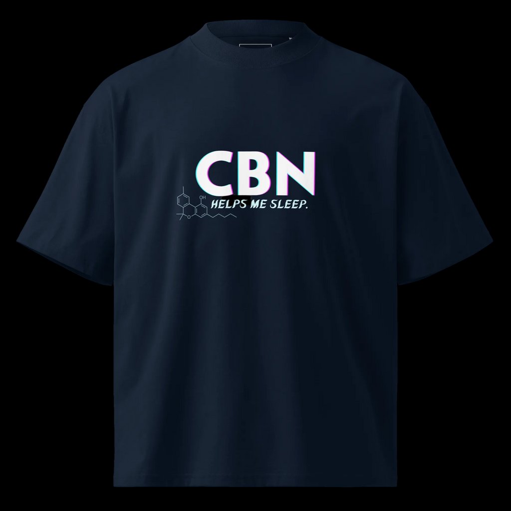 Front product mockup of the French Navy CBN Helps Me Sleep oversized organic tee with a molecular graphic.